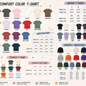 K&ouml;nnte beinhalten: Eine Farbkarte f&uuml;r Comfort Color T-Shirts, Unisex-T-Shirts und Hoodies oder Sweatshirts. Sie zeigt verschiedene T-Shirt-Farben mit Beschriftungen sowie Gr&ouml;&szlig;entabellen mit Breiten- und L&auml;ngenangaben in Zoll f&uuml;r Erwachsene und Kleinkinder.