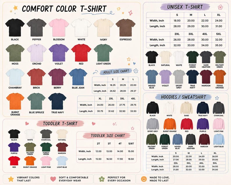 K&ouml;nnte beinhalten: Eine Farbkarte f&uuml;r Comfort Color T-Shirts, Unisex-T-Shirts und Hoodies oder Sweatshirts. Sie zeigt verschiedene T-Shirt-Farben mit Beschriftungen sowie Gr&ouml;&szlig;entabellen mit Breiten- und L&auml;ngenangaben in Zoll f&uuml;r Erwachsene und Kleinkinder.