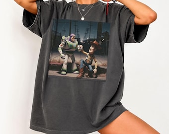 Comfort Colors Retro Childhood Friends Weirdcore Shirt, Space Ranger And Cowboy Graphic Tee, Distressed Vintage Midnight Street T-Shirt