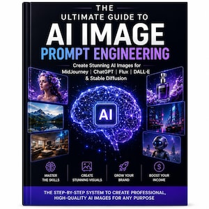 May include: A black book titled The Ultimate Guide to AI Image Prompt Engineering. The cover features a glowing blue digital brain graphic, text listing AI platforms, and smaller image panels showing a person, landscape, room, bottle, and robot.
