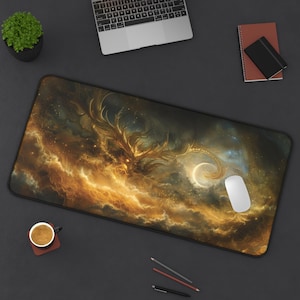 XL Golden Dragon Desk Mat — Japanese Celestial Ryuu Gaming Mousepad — Divine Dragon — Gaming Room
