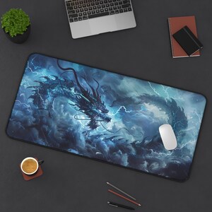 XL Storm Dragon Desk Mat — Japanese Thunder Ryuu Gaming Mousepad — Lightning Dragon — Gaming Room Decor