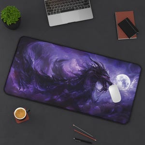 XL Shadow Dragon Desk Mat — Japanese Dark Ryuu Gaming Mousepad — Purple Moon Dragon — Gaming Room