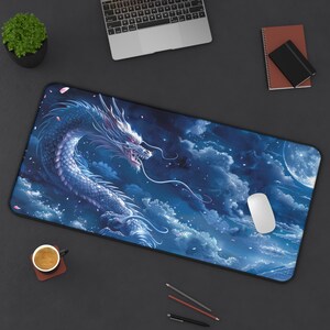 XL White Moon Dragon Desk Mat — Japanese Ryuu Gaming Mousepad — Night Sky Dragon — Gaming Room Decor