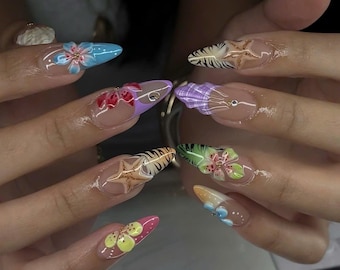 Blue Purple Press on Nails | Luxury Ocean Shell Nails with Starfish | Cute 3D Flower Glue on Nails | Vibrant Summer Holiday Gift Her Nails