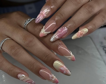 Rosa vita press-on naglar | Lyxiga 3D-blomnaglar med rosett | Söt blommig limning av naglar | Elegant vårhelggåva Coquette Nails