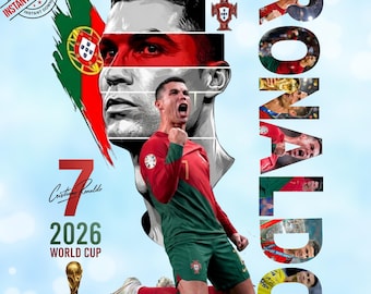 Design per maglietta da calcio Ronaldo PNG / Grafica CR7 della nazionale portoghese di calcio / File per sublimazione di Cristiano Ronaldo / Coppa del Mondo 2026 PNG /