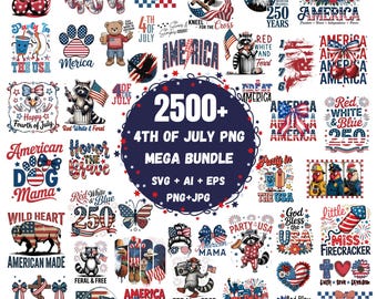 Pacchetto di oltre 2500 immagini PNG per il 4 luglio / Mega pacchetto per il Giorno dell'Indipendenza / Collezione di immagini PNG patriottiche USA / 250° anniversario / Download digitale immediato