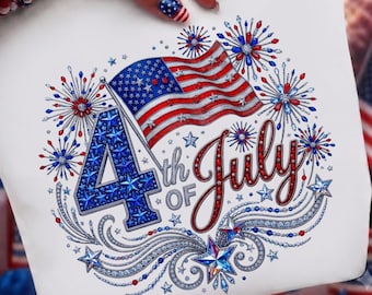 PNG con strass per il 4 luglio / Design patriottico con bandiera USA scintillante / Grafica per maglietta del Giorno dell'Indipendenza / PNG con sublimazione glitterata / Download digitale