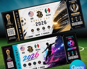Modello di biglietto per la Coppa del Mondo FIFA 2026 / Pass modificabile per la partita di calcio / Modello Canva / Invito per festa a tema calcio / Download digitale immediato