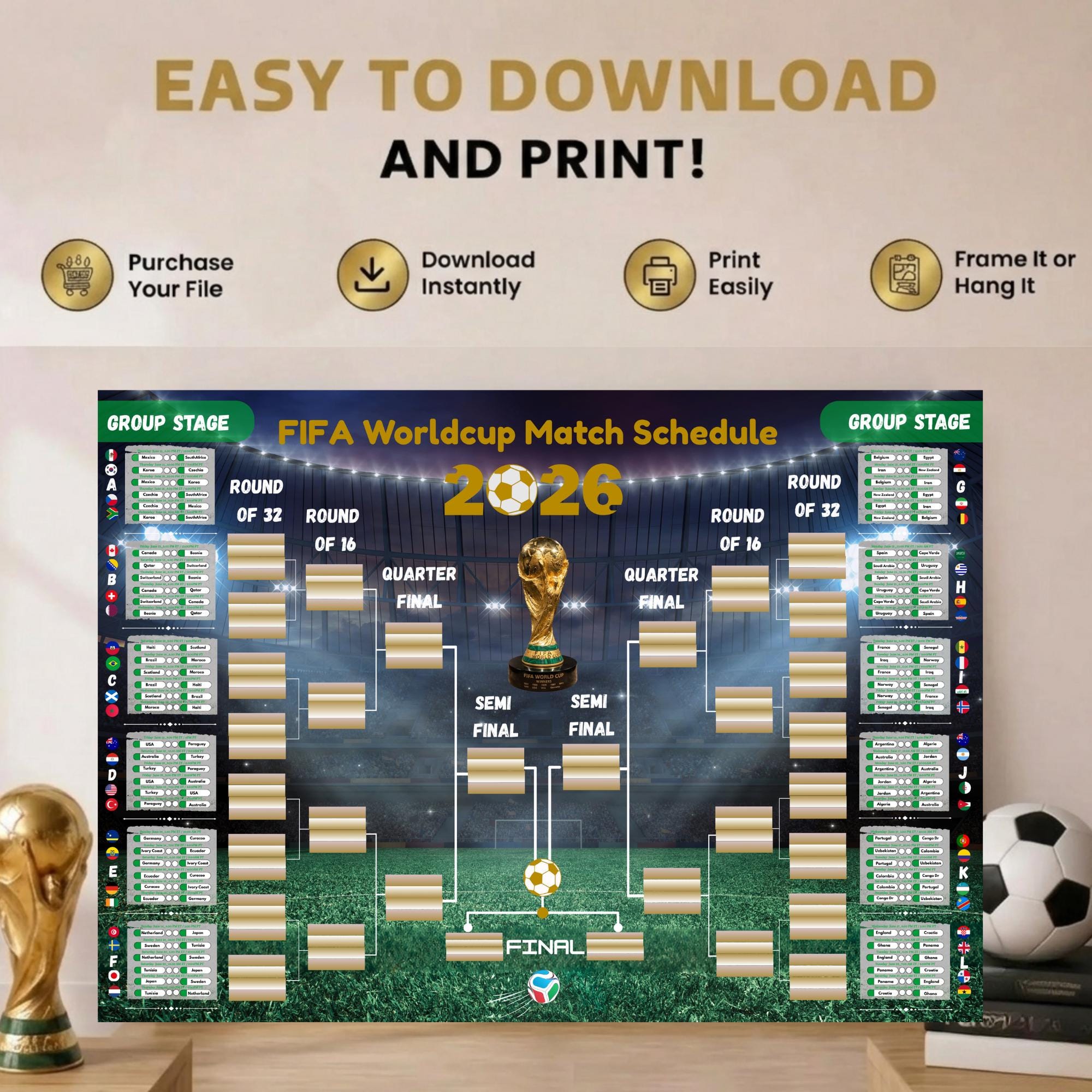 FIFA World Cup 2026 Schedule Printable Wall Chart, Soccer Bracket