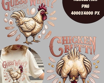 Pacchetto PNG "Indovina cosa? Sedere di pollo", design divertente per sublimazione preppy, grafica umoristica rosa retrò, PNG per maglietta abbinata, trasferimento DTF boutique