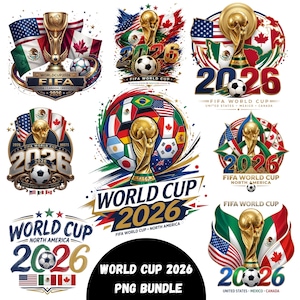 May include: A digital collection of FIFA World Cup 2026 graphic designs featuring the gold trophy, soccer balls, and the flags of the United States, Canada, and Mexico. The images include text elements such as World Cup 2026 and North America.