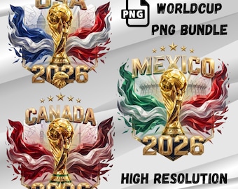 Pacchetto PNG Coppa del Mondo 2026 / Grafica del trofeo di calcio / Collezione PNG del torneo di calcio / Bandiere del calcio mondiale / Pacchetto per sublimazione di magliette