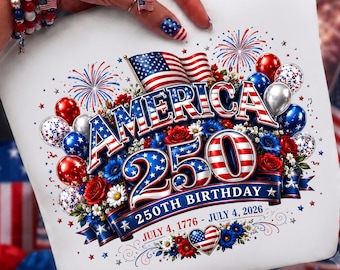 USA 250 anni PNG / Design per maglietta 4 luglio 2026 / Grafica patriottica America 1776-2026 / Sublimazione per compleanno America floreale /