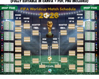 Calendario della Coppa del Mondo FIFA 2026, poster stampabile da parete, tabellone del torneo di calcio, calendario delle partite di calcio, agenda della Coppa del Mondo modificabile con Canva in formato PDF e PNG.