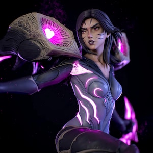 May include: A detailed figurine of a dark-haired character with facial markings, wearing a form-fitting grey suit with glowing purple accents. The figure features large, textured shoulder armor with bright purple light emitting from the center.