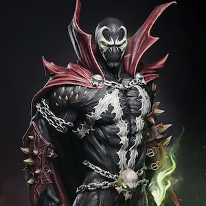 May include: A detailed Spawn action figure featuring a black textured suit with a white chest emblem, a high-collared red cape, silver chains, and skull accents. The figure includes spiked gauntlets and emits a glowing green energy effect.