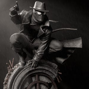 May include: A detailed collectible figurine of a character wearing a black trench coat, fedora, goggles, and gloves, crouching on a weathered stone structure. The figure holds a small black pistol in one hand, set against a dark, rainy background.