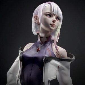 May include: A collectible figurine of a character with short white hair featuring subtle rainbow highlights. The figure wears a dark purple high-neck bodysuit with a red accent piece and a white jacket draped over the shoulders against a dark background.