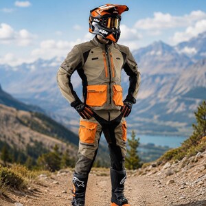 Könnte beinhalten: Ein Motorrad-Fahranzug in Beige, Schwarz und leuchtendem Orange, bestehend aus einer Jacke mit mehreren Taschen, passender Hose, schwarz-orangen Handschuhen, einem Integralhelm mit Visier sowie hohen, schwarz-orangen Schutzstiefeln.
