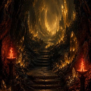 May include: A stone staircase leads into a dark cavern illuminated by glowing amber crystals embedded in the rock walls. Two dark metal pedestals topped with flickering orange flames stand on either side of the path at the base of the stairs.