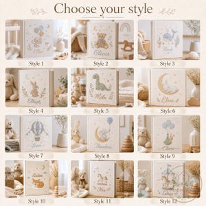 May include: A grid of twelve square baby memory books with off-white covers, each featuring unique embroidered illustrations like animals, hot air balloons, and stars, with personalized names such as Elliot, Oliver, Noah, and Mia printed below.
