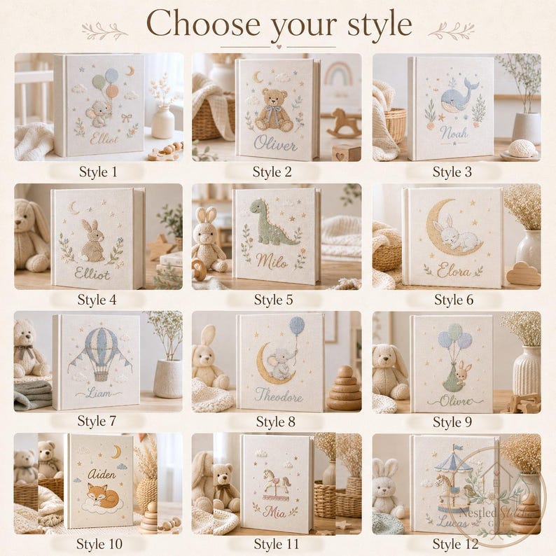 May include: A grid of twelve square baby memory books with off-white covers, each featuring unique embroidered illustrations like animals, hot air balloons, and stars, with personalized names such as Elliot, Oliver, Noah, and Mia printed below.