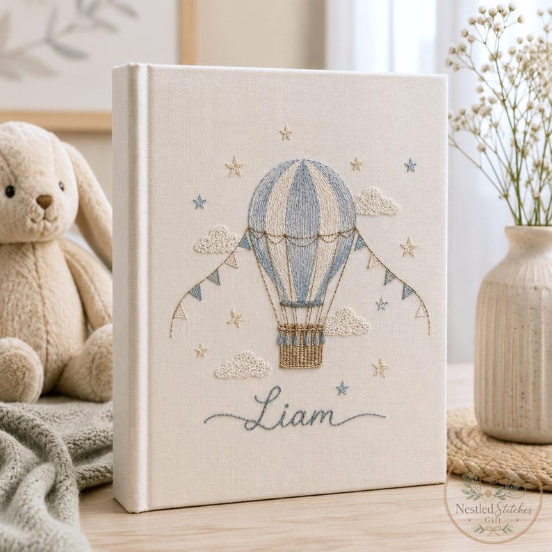 Custom Elephant Embroidered Baby Photo Album, Personalized Newborn Memory Book, Pastel Balloon Baby Shower Gift, First Year Keepsake Volume #7