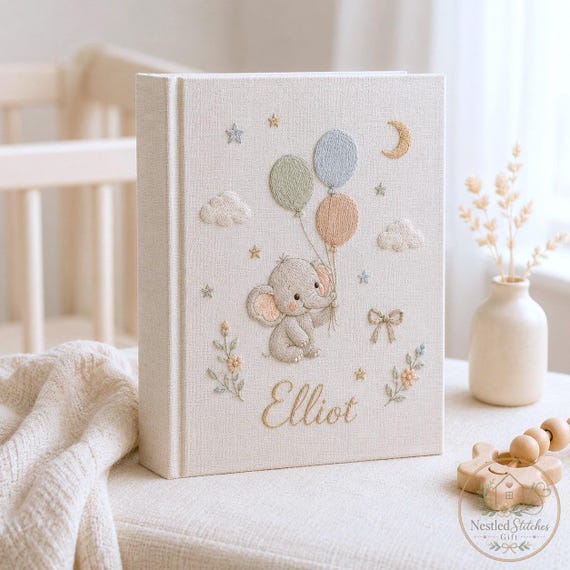 Custom Elephant Embroidered Baby Photo Album, Personalized Newborn Memory Book, Pastel Balloon Baby Shower Gift, First Year Keepsake Volume