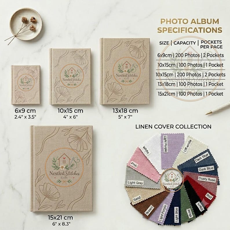 May include: Four beige linen photo albums with floral line art and the Nestled Stitches logo, shown in sizes 6x9cm, 10x15cm, 13x18cm, and 15x21cm. Includes a color swatch wheel of 16 fabric options and a chart detailing photo capacity per size.