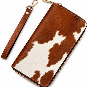 Cowhide Leather Wallet for Women, RFID Blocking Zip Around Wallet, Hair On Hide Wallet, Cognac Leather Wristlet, Western Cow Print Long Wall