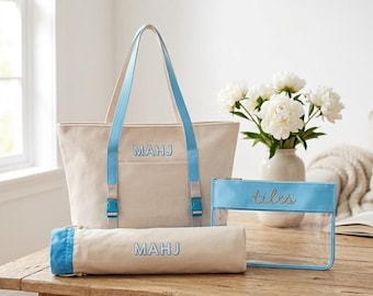 Mahjong Bag Set 3-Piece | Canvas Tote + Clear Tile Pouch + Rack Sleeve | MAHJ Embroidered | Blue Pink Green White | Mahjong Gift