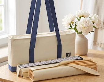 Mahjong Bag Set with Rack Sleeve | Large Canvas Tote & Tile Organizer | Portable Mahjong Carrying Case - Navy, Green or Cream