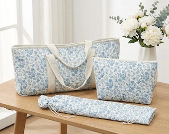 Mahjong Bag Set 3-Piece | Blue Floral & Pink Rose Quilted Cotton Tote Pouch Rack Sleeve | Mahjong Gift