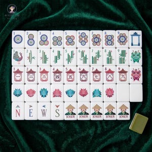 Puede incluir: Un conjunto de fichas de mahjong rectangulares blancas dispuestas en cuadrícula, con ilustraciones coloridas de círculos, bambú, caracteres chinos, flores de loto, letras N, E, W, S y figuras Joker, junto a una ficha verde lisa separada.