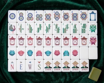 American Mahjong Set 166 Tiles | Olive Green Striped Back | Peacock Lotus Lantern Lion Design | Game Night Gift