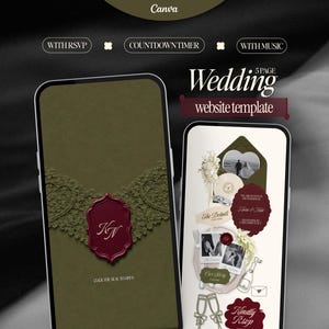 May include: Two smartphones displaying a 5-page wedding website template. The left screen shows an olive green background with a lace overlay and a maroon wax seal featuring the letters KN. The right screen displays wedding details, photos, and RSVP text.
