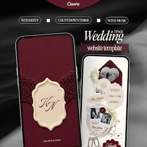 Op de afbeelding: Twee smartphones tonen een 5-pagina trouwwebsite-sjabloon in diep bordeaux en crème. Het linkerscherm toont een waszegel met de initialen KN. Het rechterscherm bevat trouwfoto's, tekst en iconen voor RSVP, timer en muziek.