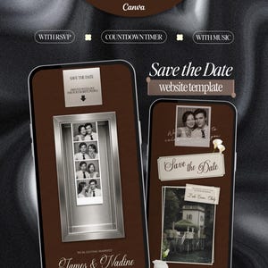 May include: Two smartphones displaying a Save the Date website template with a brown colour scheme. The screens feature photo booth strips, wedding photos, and text including "Save the Date," "WITH RSVP," "COUNTDOWNTIMER," and "WITH MUSIC."
