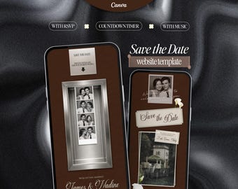 Geanimeerde fotobooth-websitesjabloon 'Save the Date' in bruin met digitale RSVP-uitnodiging, minimalistisch, elegant, bewerkbaar en met muziek-countdown.