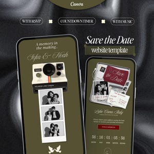 Pode incluir: Um modelo de site digital Save the Date para Canva com duas telas de smartphone. A tela esquerda exibe uma câmera vintage e uma tira de fotos com o texto A memory in the making e Sofia & Noah. A tela direita mostra detalhes do evento.