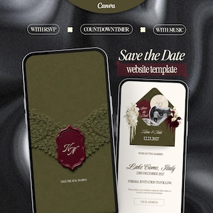 May include: Two smartphones displaying a digital Save the Date website template. The left screen shows an olive green envelope with a maroon wax seal featuring the initials KN. The right screen displays wedding details for Lake Como, Italy.