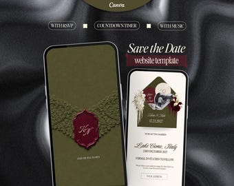 Plantilla web para anunciar la fecha de la boda en verde oliva y burdeos con música para confirmar asistencia y temporizador de cuenta regresiva. Invitación digital editable para sitio web de Canva con temática de dinero antiguo.
