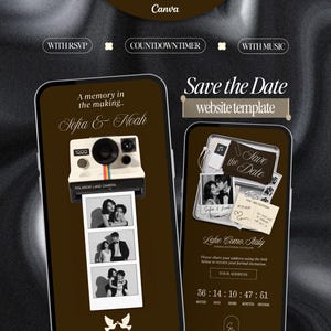 May include: A digital Save the Date website template for Canva displayed on two smartphones. The design features a brown background, a vintage Polaroid camera graphic, photo strips of a couple, and text including Sofia & Noah, Lake Como, Italy.