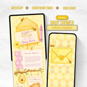 May include: A digital baby shower website template displayed on a tablet and smartphone screen. The design features a yellow honeycomb pattern, illustrations of bees, a yellow envelope, pink baby blocks spelling GIRL, and a beehive on a branch.