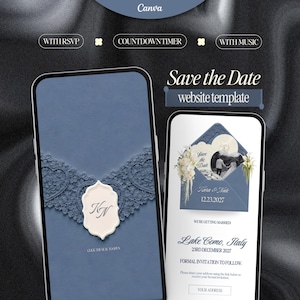 May include: Two smartphones displaying a Save the Date website template. The screens show a blue envelope with lace detailing, the initials KN, and text including Lake Como, Italy, 23rd December 2027, and buttons for RSVP, countdown timer, and music.