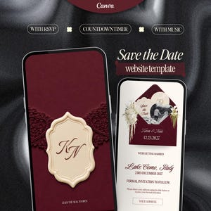 May include: A digital Save the Date website template displayed on two smartphones. The left screen shows a deep red background with a cream-colored wax seal featuring the initials KN. The right screen displays wedding details for Lake Como, Italy.