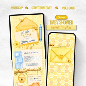 A Little Honey is On The Way Baby Shower Website Canva Template with RSVP Digital Invite Editable Template Honey Bee Yellow Baby Bear Invite