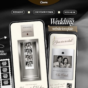 May include: A digital wedding website template displayed on two smartphones, featuring a photostrip design, RSVP, countdown timer, and music options. The interface includes text such as 'You are invited', 'Wedding website template', and '2 photostrip options available'.